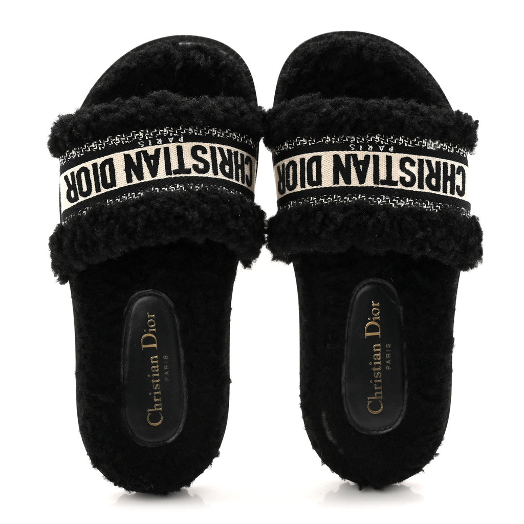 Shearling Canvas Lurex Embroidered Dway 10mm Slide Sandals 36 Black Natural