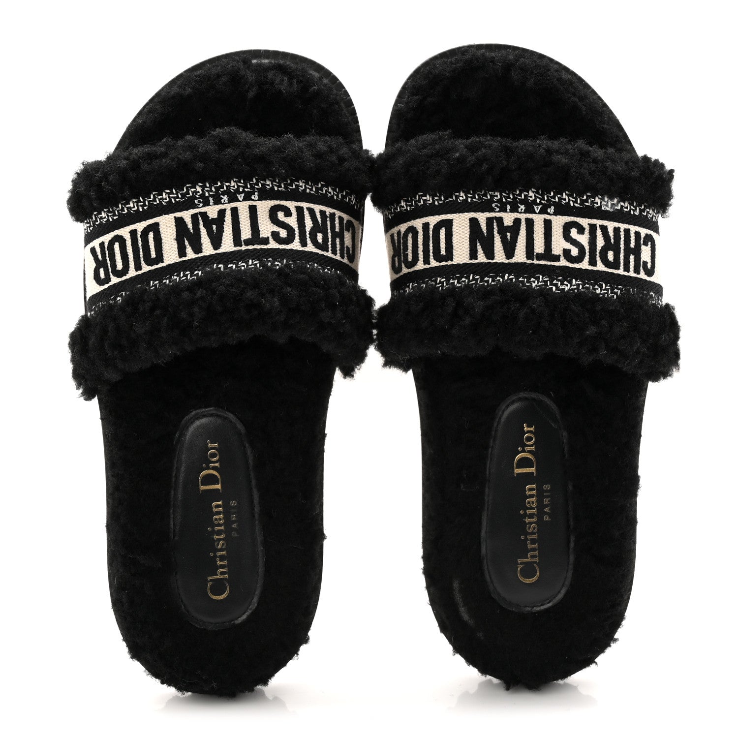 Shearling Canvas Lurex Embroidered Dway 10mm Slide Sandals 36 Black Natural