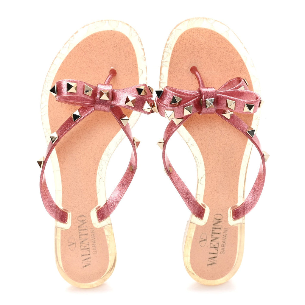 PVC Jelly Glitter Rockstud Bow Thong Sandals 37 Pink