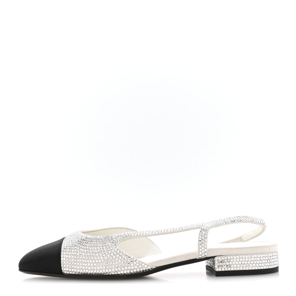 Strass Grosgrain Cap Toe CC Slingback Flats 36.5 Silver Black