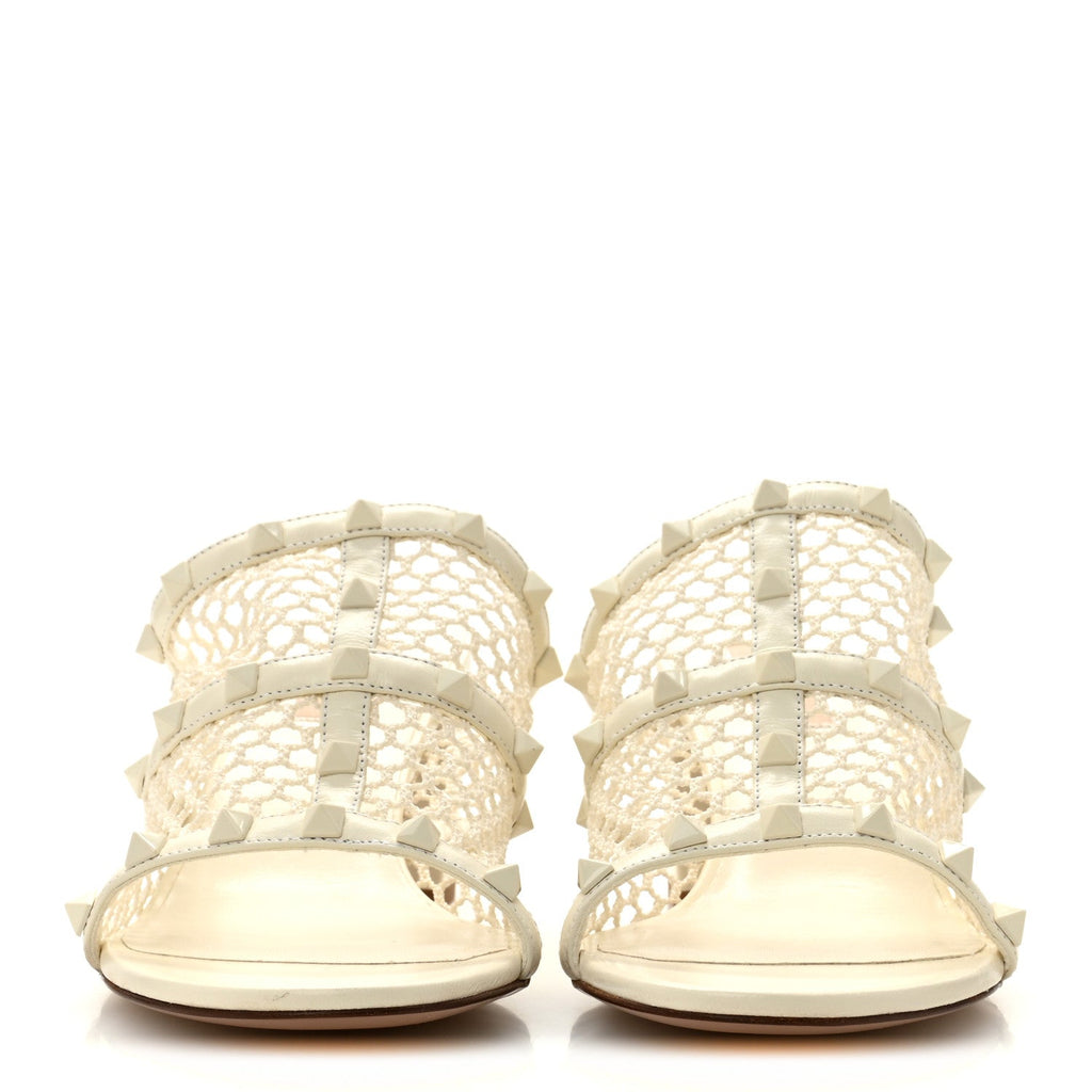 Calfskin Mesh Rockstud 60mm Caged Slide Sandals 40 Ivory