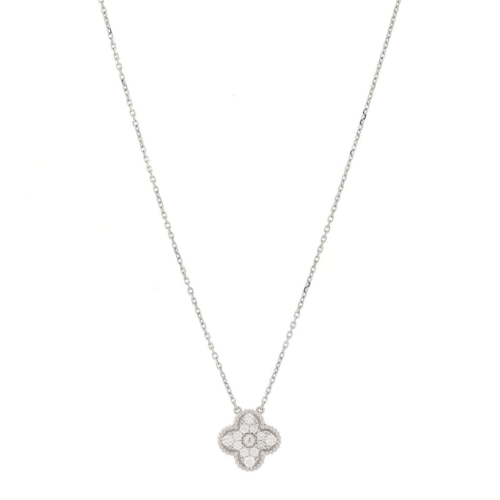 18K White Gold Diamond Vintage Alhambra Pendant Necklace
