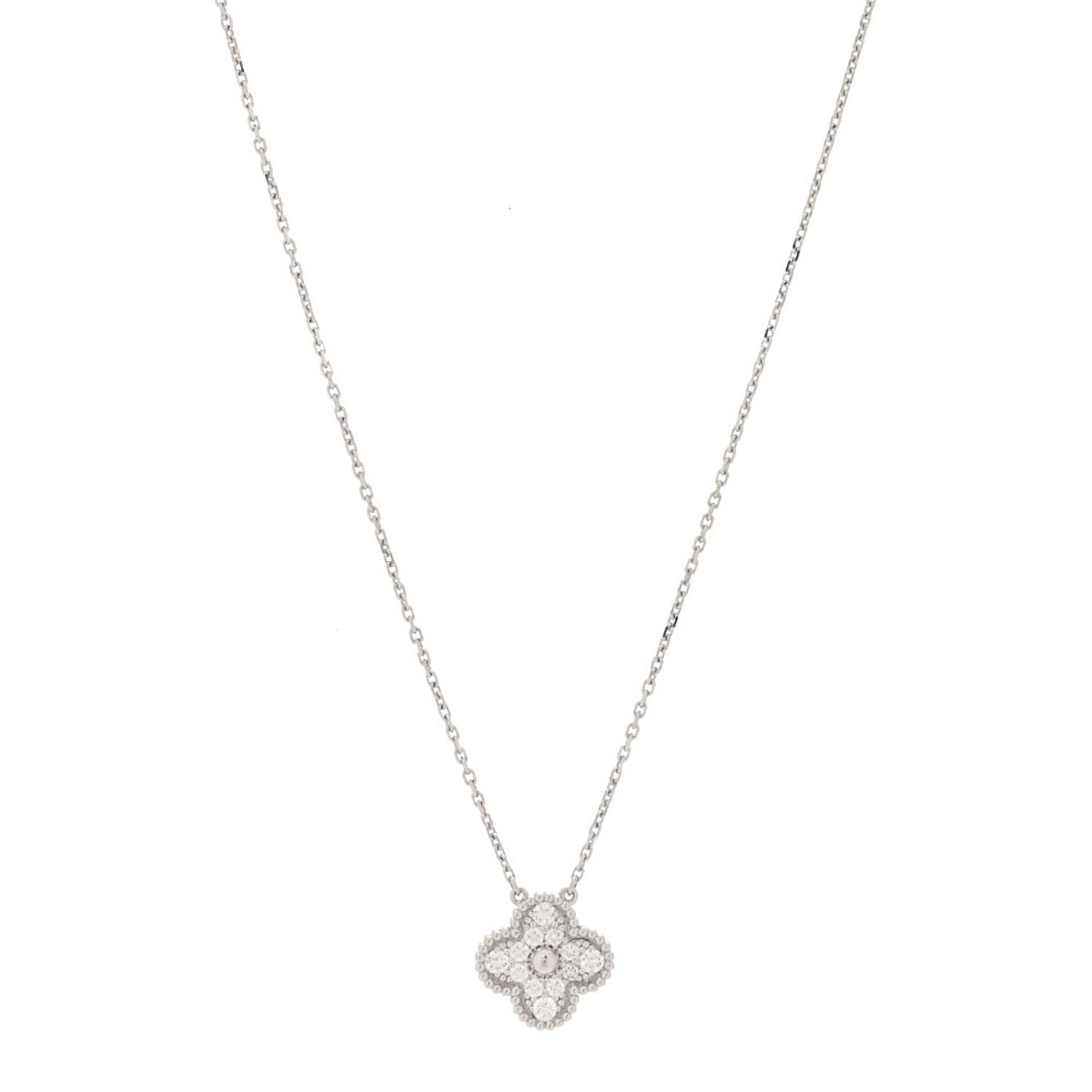 18K White Gold Diamond Vintage Alhambra Pendant Necklace