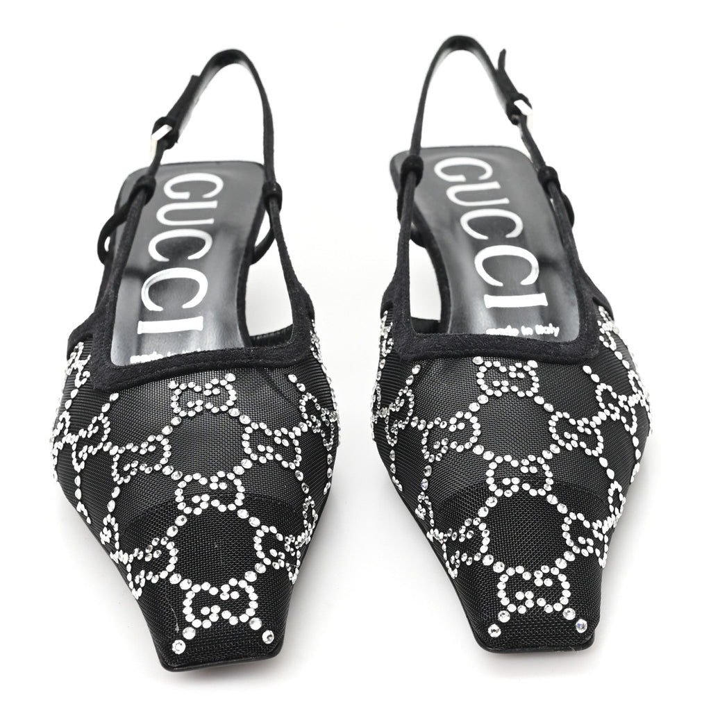 Tela Retino Kid Scamosciato Crystal GG Monogram Square G 35mm Slingback Pumps 37.5 Black