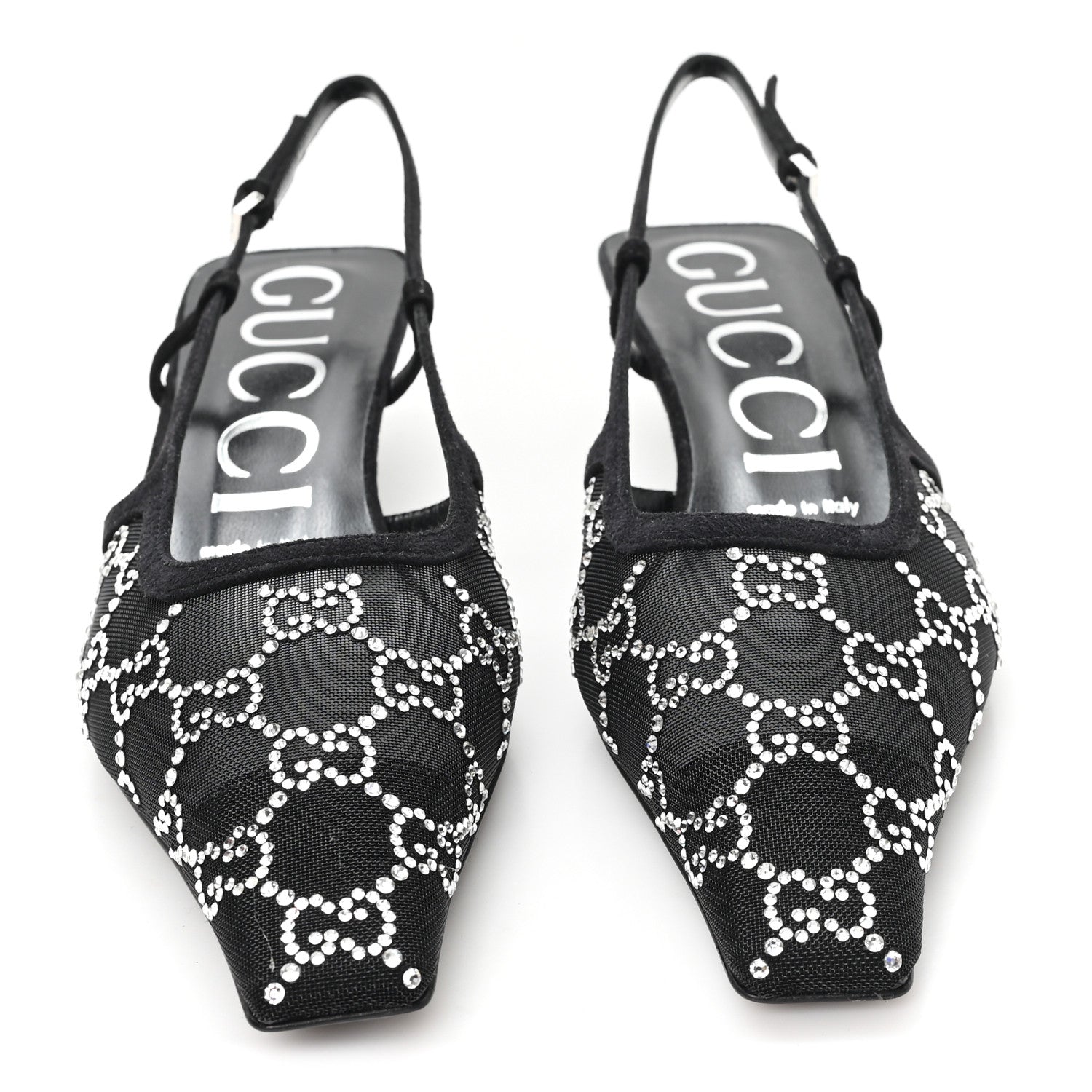 Tela Retino Kid Scamosciato Crystal GG Monogram Square G 35mm Slingback Pumps 37.5 Black