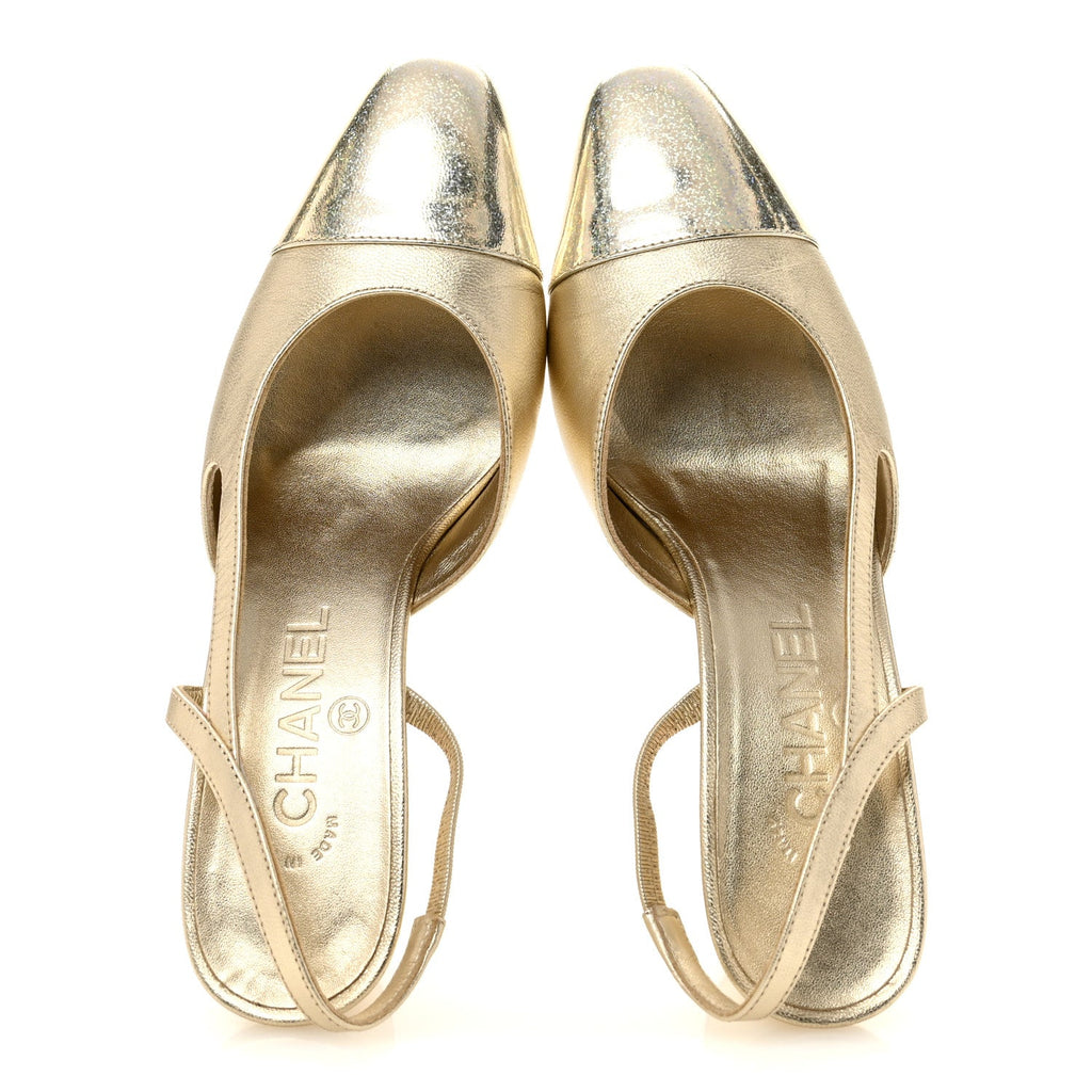 Metallic Calfskin Grosgrain Cap Toe CC Slingback Sandals 36 Gold