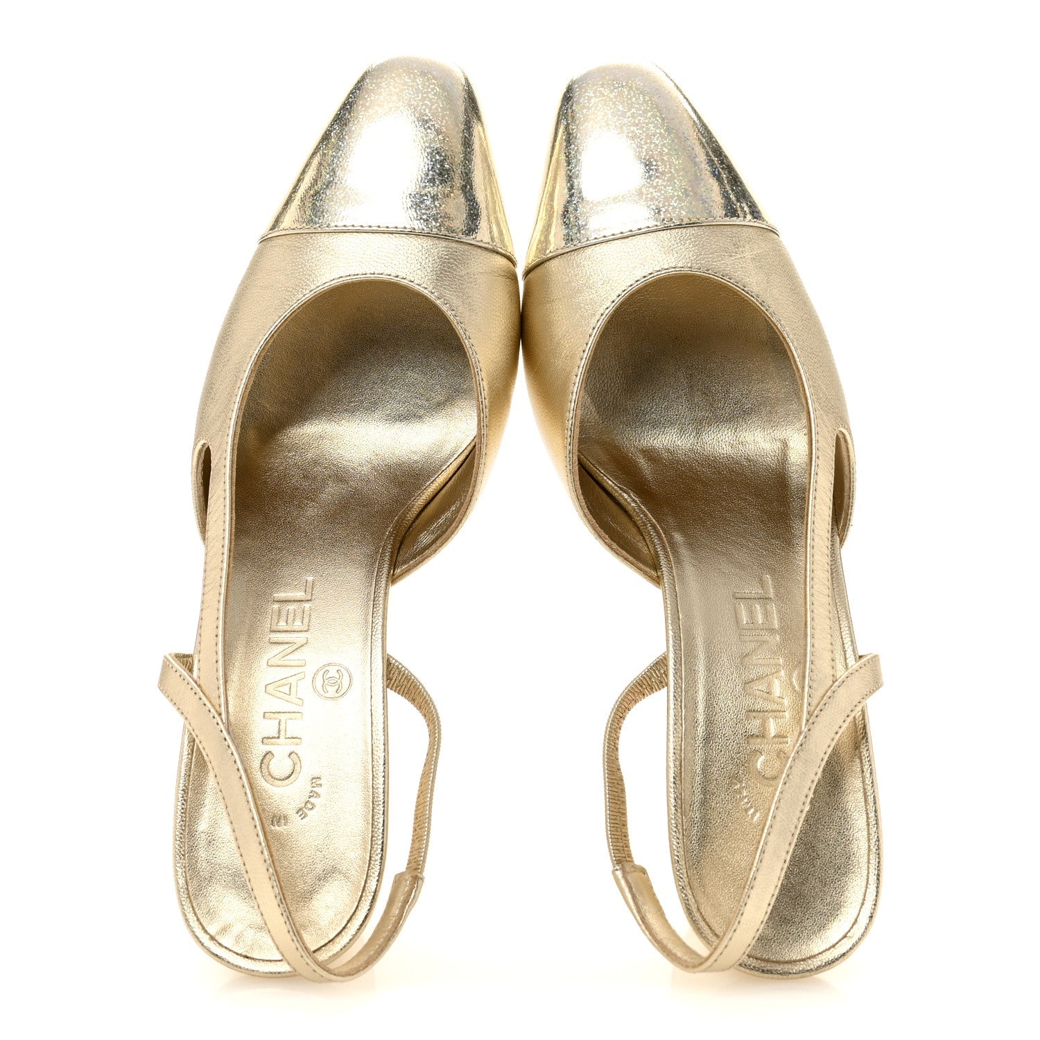 Metallic Calfskin Grosgrain Cap Toe CC Slingback Sandals 36 Gold
