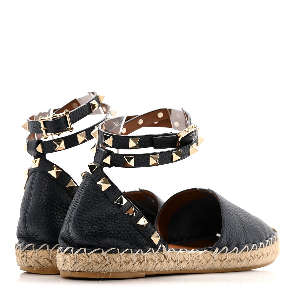 Grained Calfskin Rockstud Ankle Wrap Espadrille 20mm Flats 35 Navy