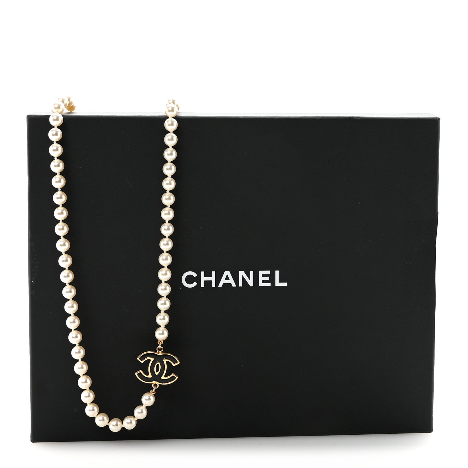 Pearl Beaded Resin CC Long Necklace Black Gold