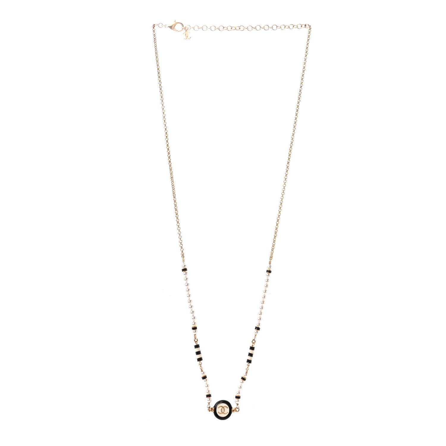 Metal Enamel Pearl CC Necklace Gold Black White