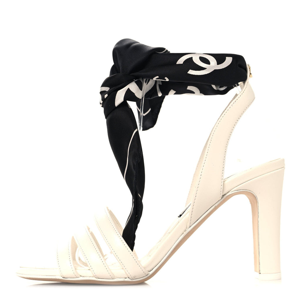 Lambskin Silk CC Wrap Ankle Sandals 38 White Black