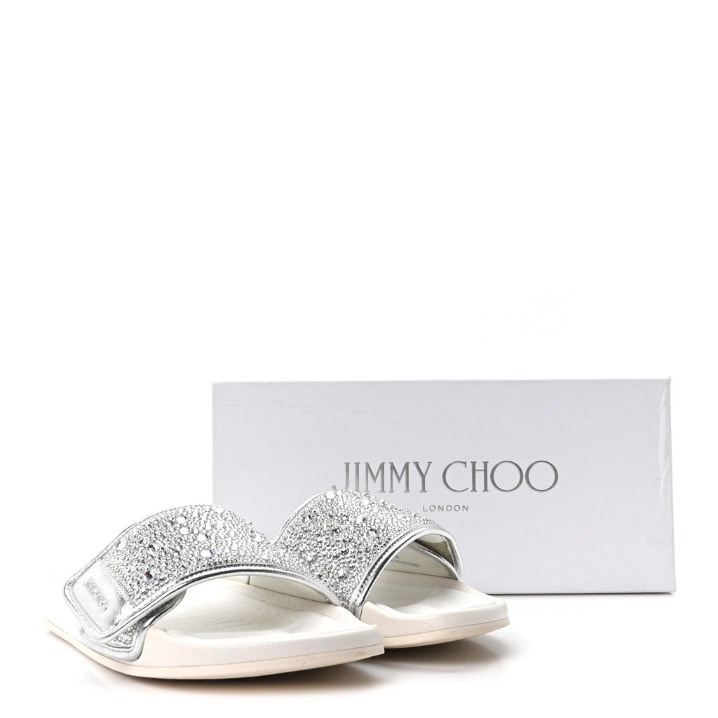 Satin Metallic Nappa Crystal Embellished Fitz Slide Sandals 39 Ivory