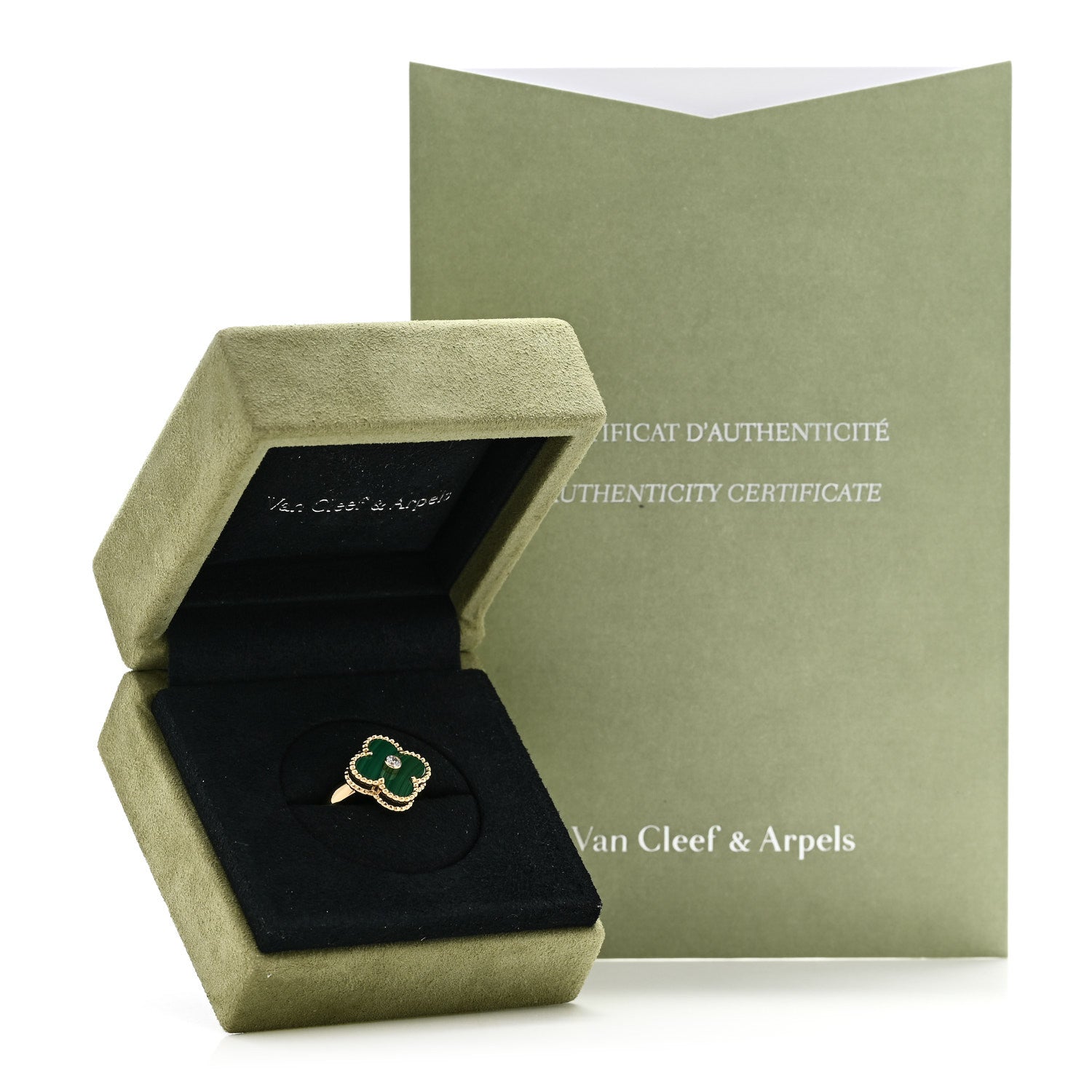 18K Yellow Gold Diamond Malachite Vintage Alhambra Ring 48 4.5