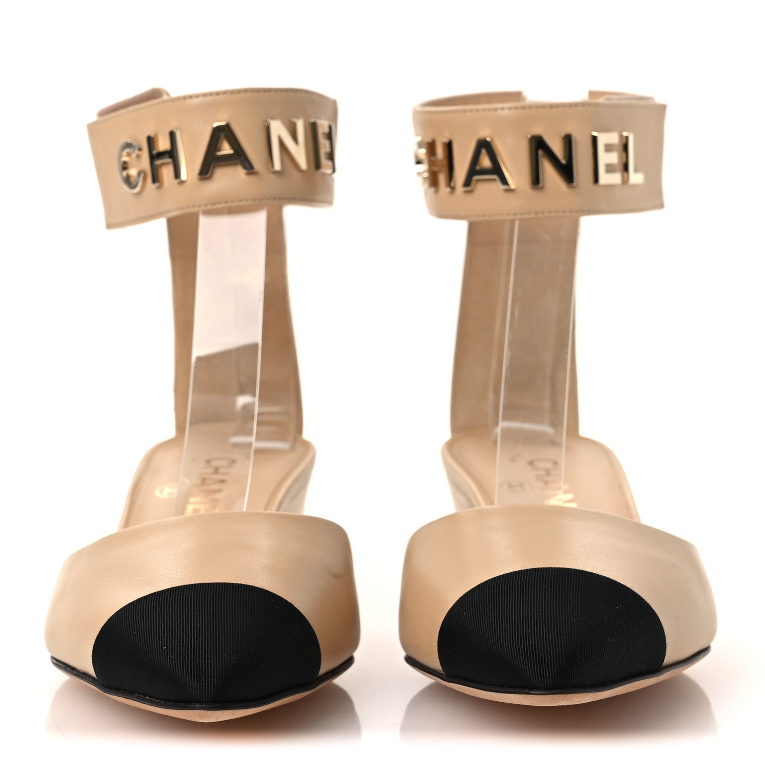 Lambskin Grosgrain Cap Toe Logo Ankle Strap Pumps 38 Beige Black