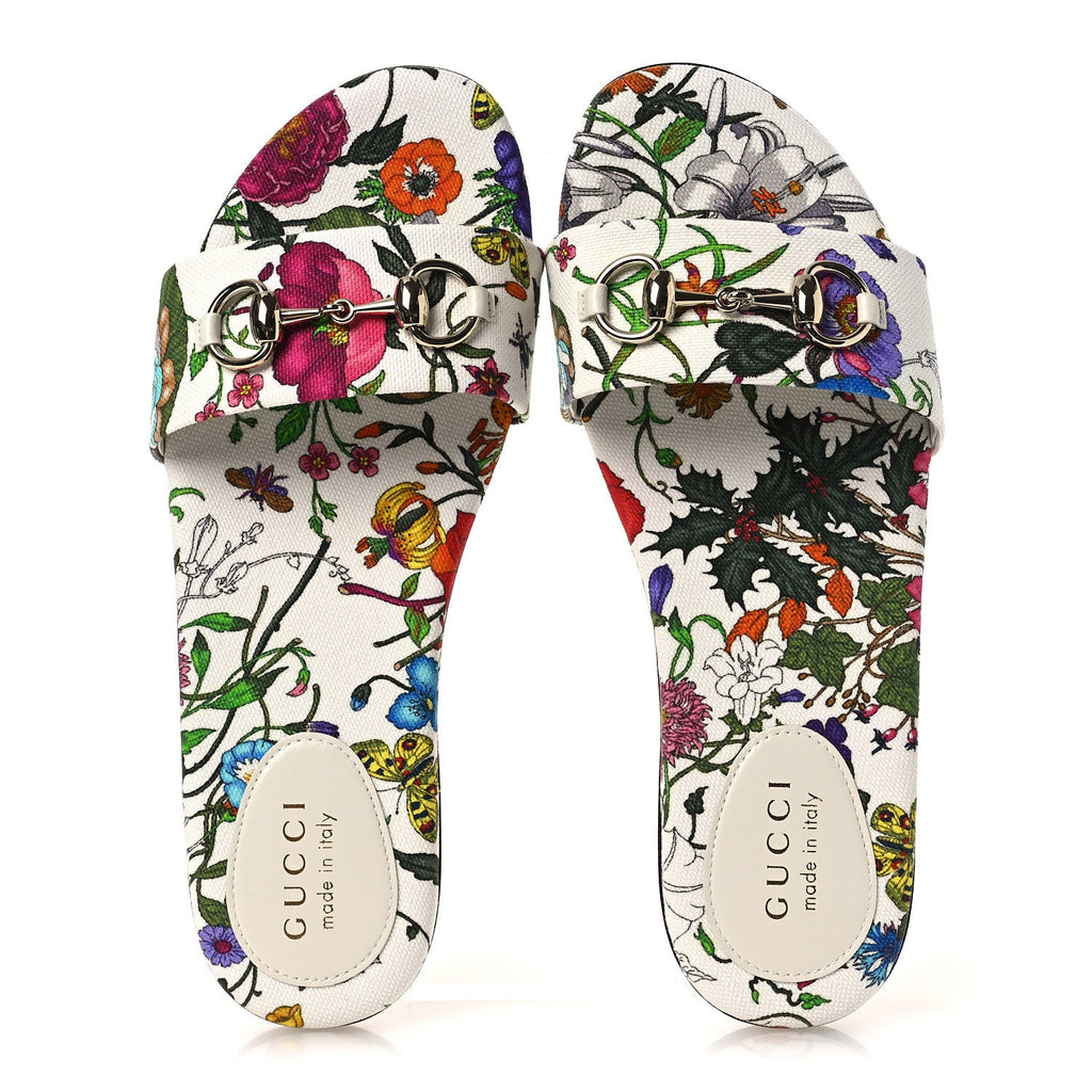Canvas Flora Print Horsebit Slide Sandals 38 White