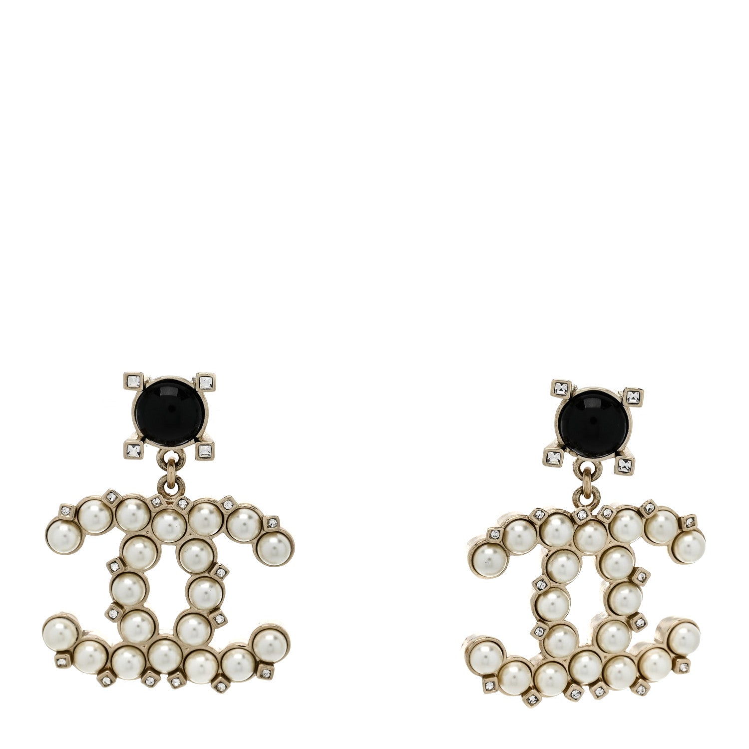 Resin Crystal Pearl CC Drop Earrings Black Gold