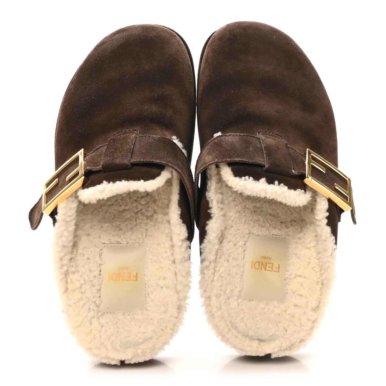 Suede Shearling Fendi Feel Buckled Clogs 36 Mogano Latte