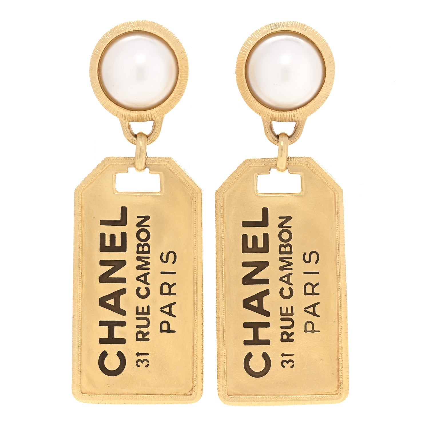 Pearl CC Tags Drop Earrings Gold