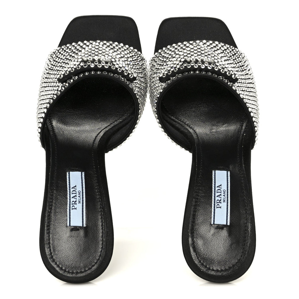 Satin Crystal Logo 65mm Slide Sandals 36 Cristal