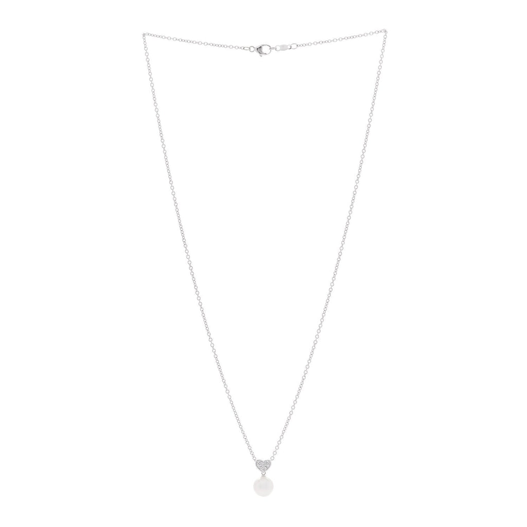 18K White Gold Diamond Akoya Cultured Pearl 8mm Heart Drop Pendant Necklace