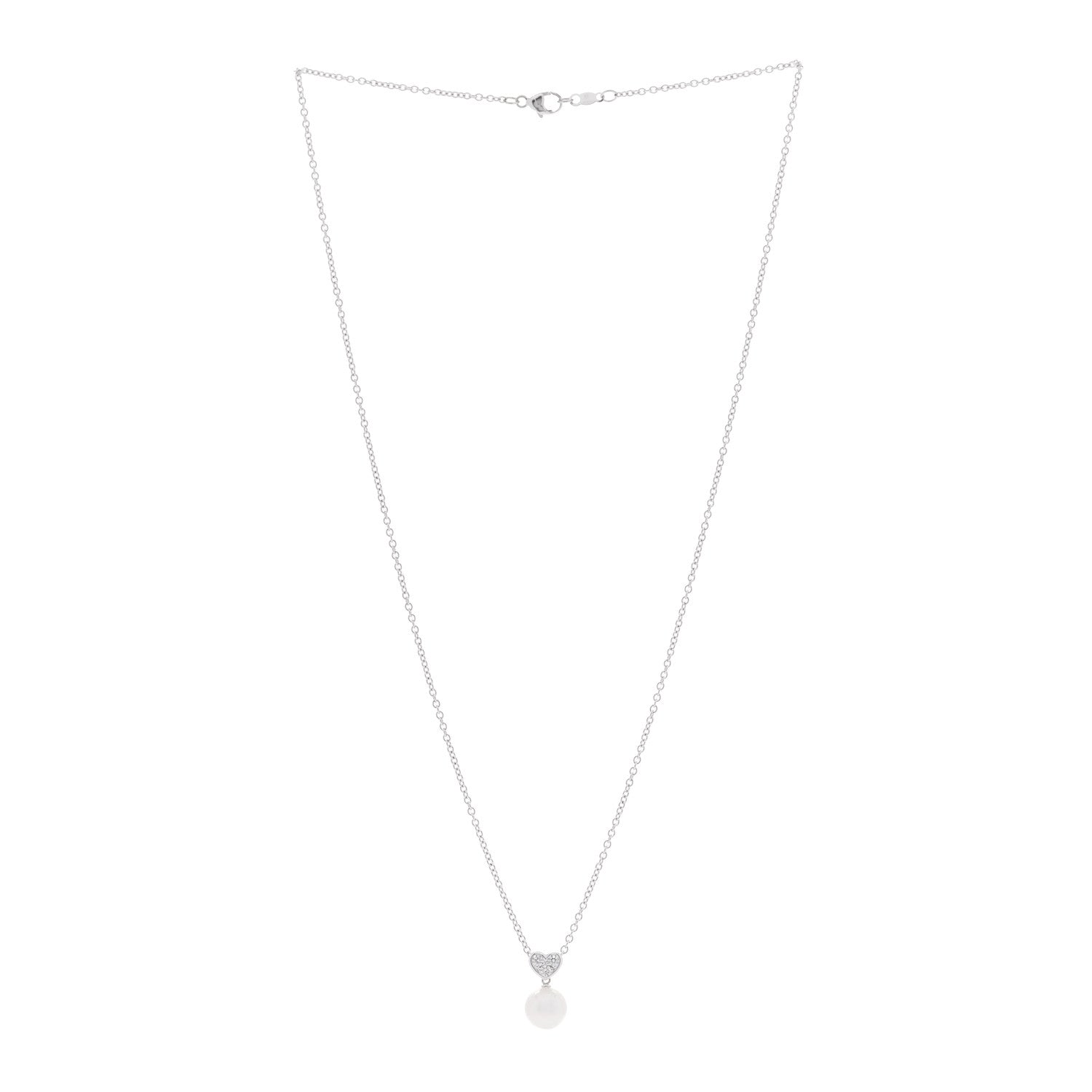 18K White Gold Diamond Akoya Cultured Pearl 8mm Heart Drop Pendant Necklace