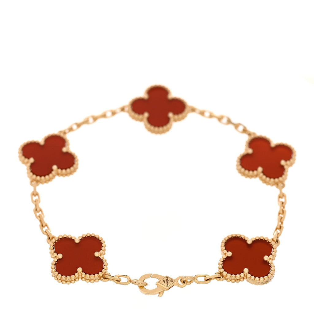 18K Yellow Gold Carnelian 5 Motifs Vintage Alhambra Bracelet