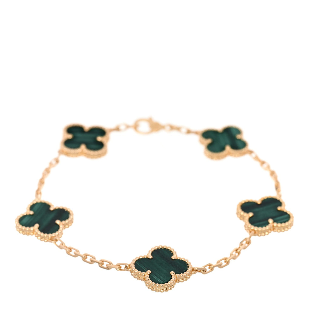 18K Yellow Gold Malachite 5 Motifs Vintage Alhambra Bracelet