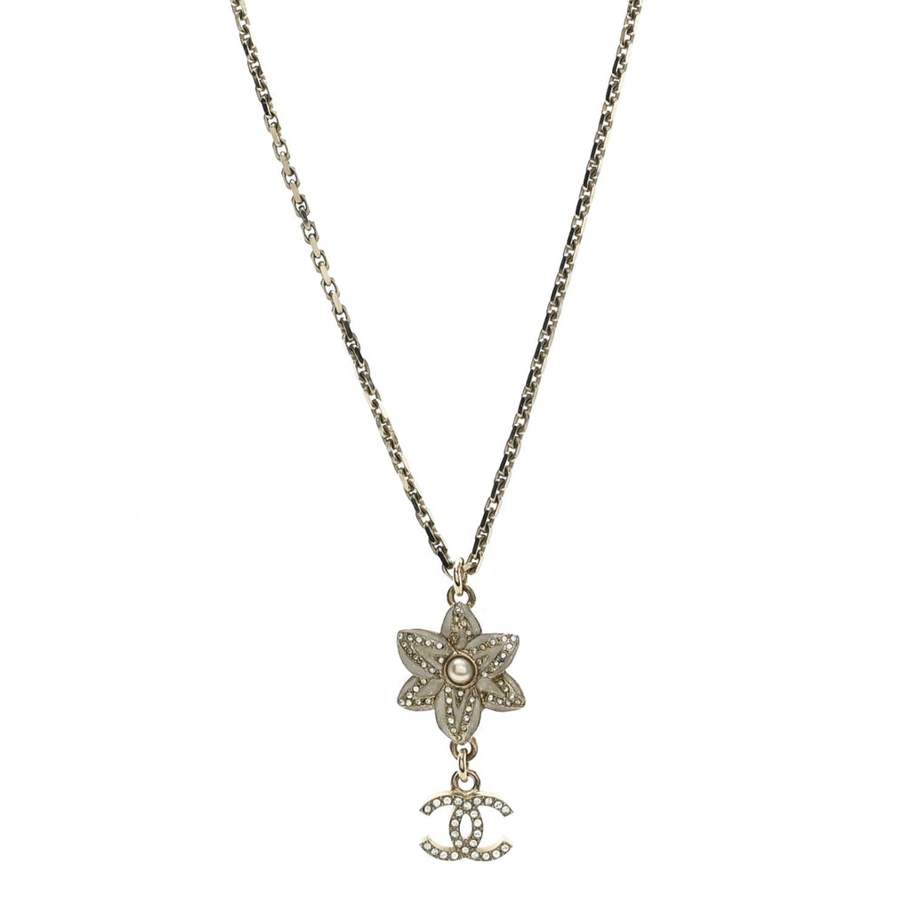 Crystal CC Flower Drop Necklace White