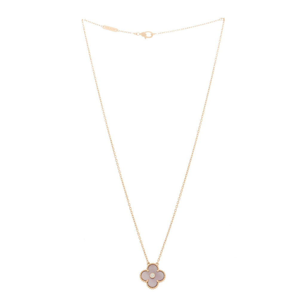 18K Rose Gold Diamond Pink Mother of Pearl Vintage Alhambra Pendant Necklace