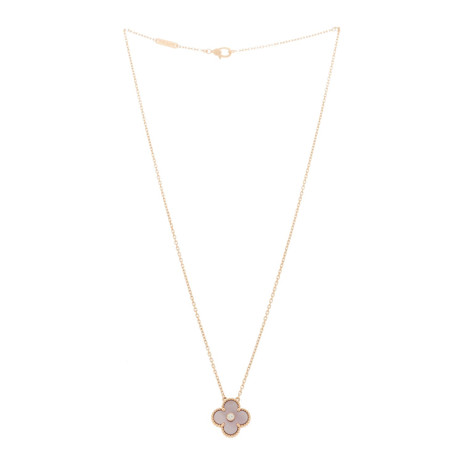 18K Rose Gold Diamond Pink Mother of Pearl Vintage Alhambra Pendant Necklace