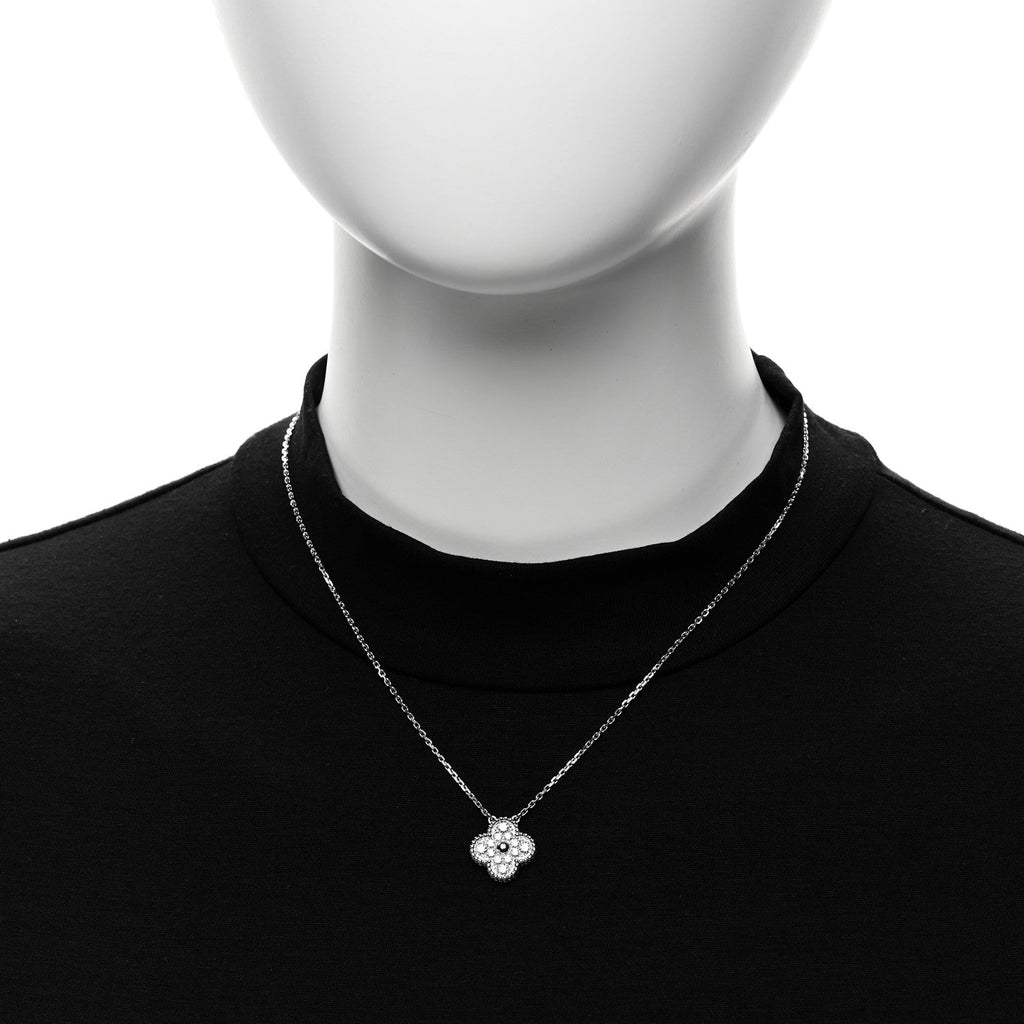 18K White Gold Diamond Vintage Alhambra Pendant Necklace