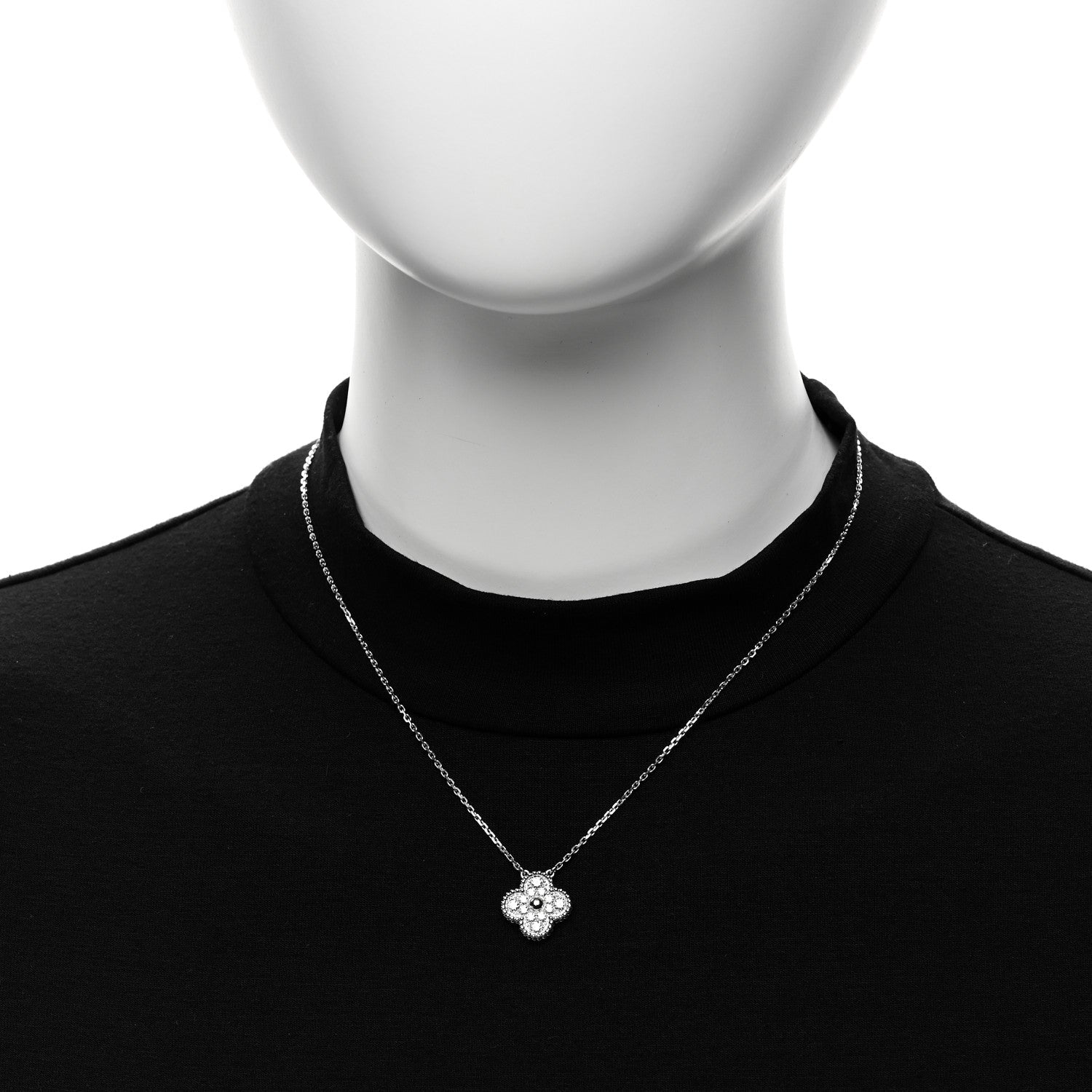 18K White Gold Diamond Vintage Alhambra Pendant Necklace