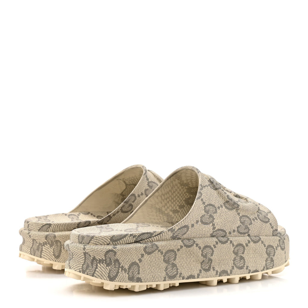 Cubic Rubber GG Monogram Mens Interlocking G Platform 42mm Slide Sandals 10 Beige Ebony