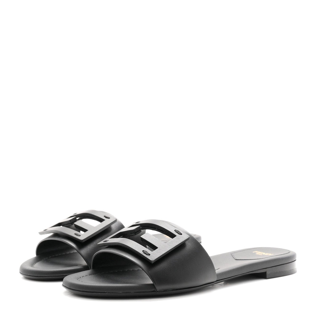 Vitello Cuoio Baguette Flat Slide Sandals 37 Black