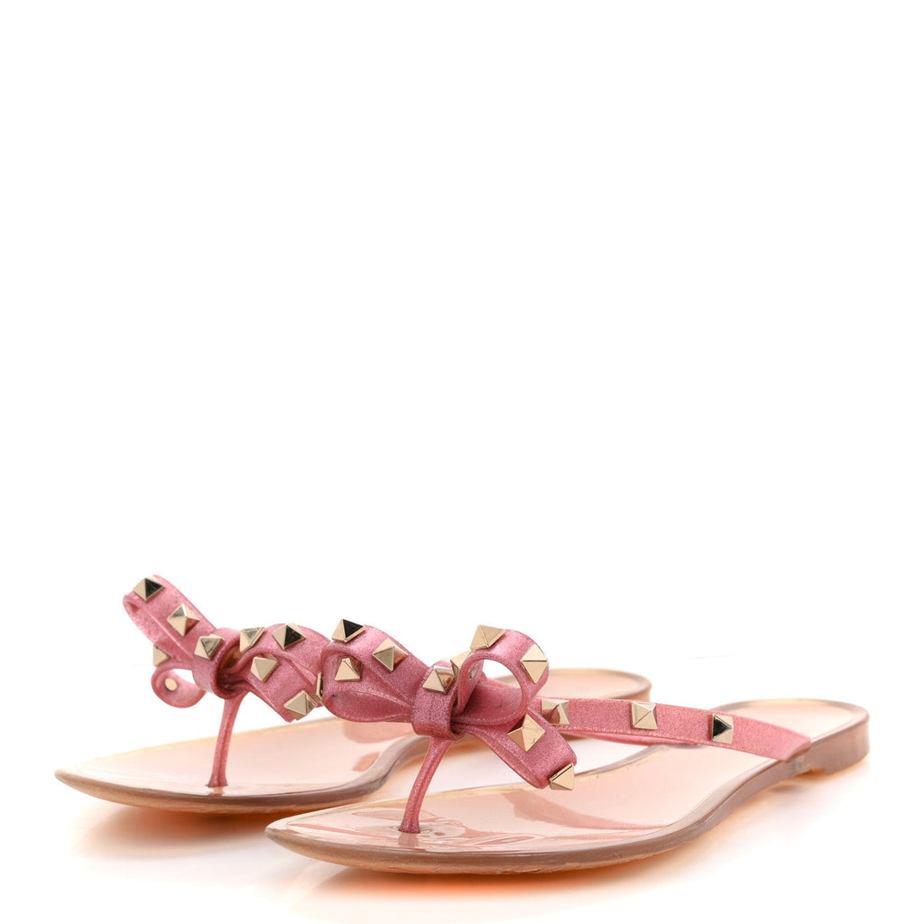PVC Jelly Glitter Rockstud Bow Thong Sandals 39 Pink