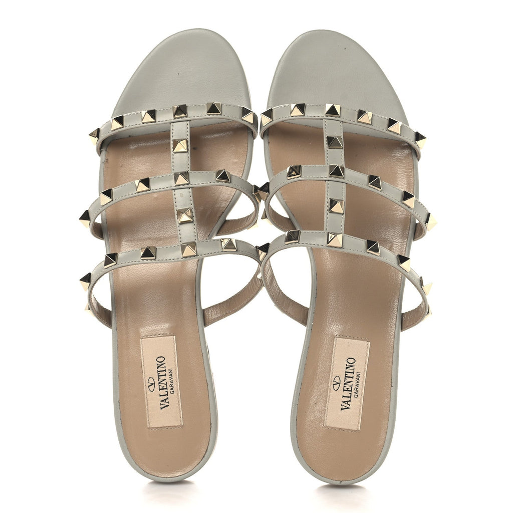 Nappa Rockstud Caged Flat Slide Sandals 38 Grey