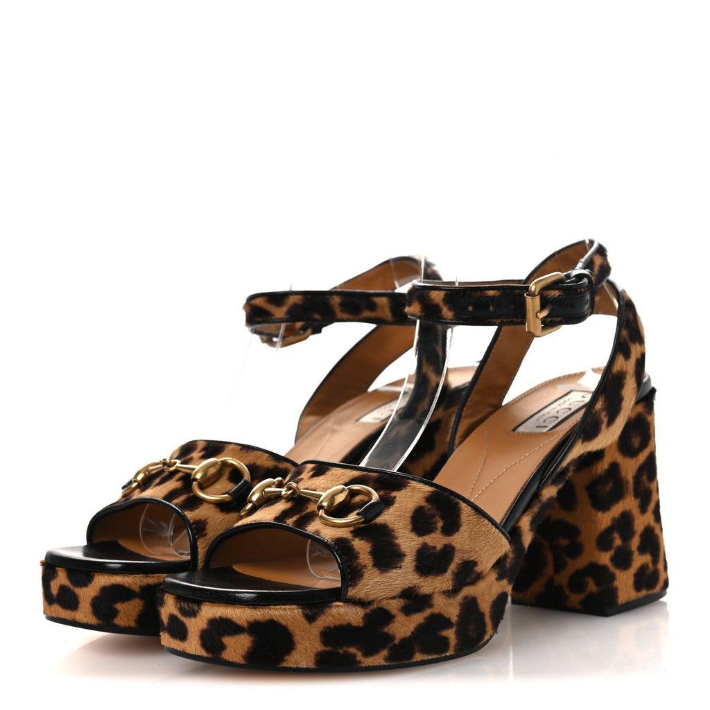 Calf Hair Leopard Print Horsebit 25/60mm Platform Sandals 38.5 Hazelnut Black