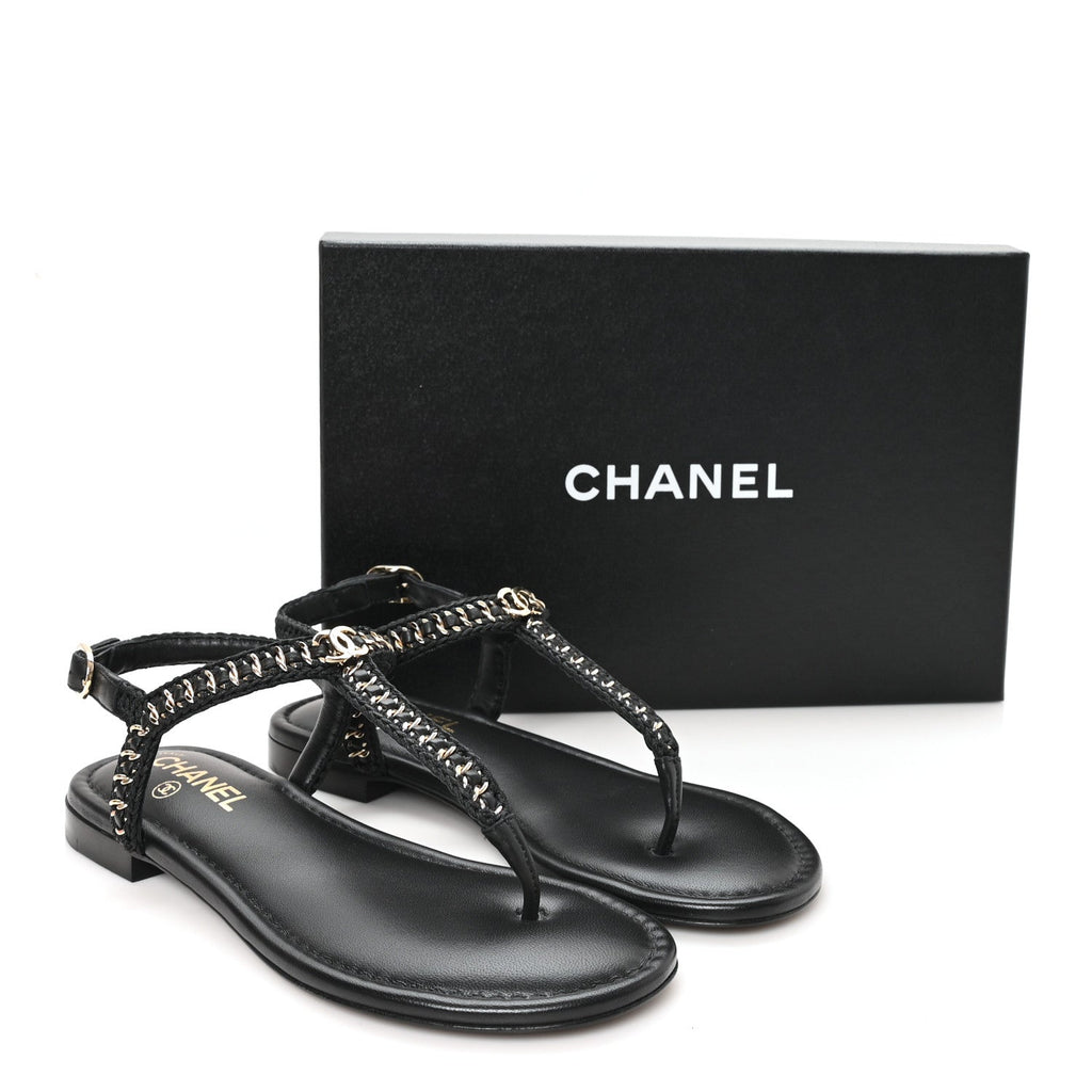 Lambskin Embroidered CC Thong Sandals 39 Black