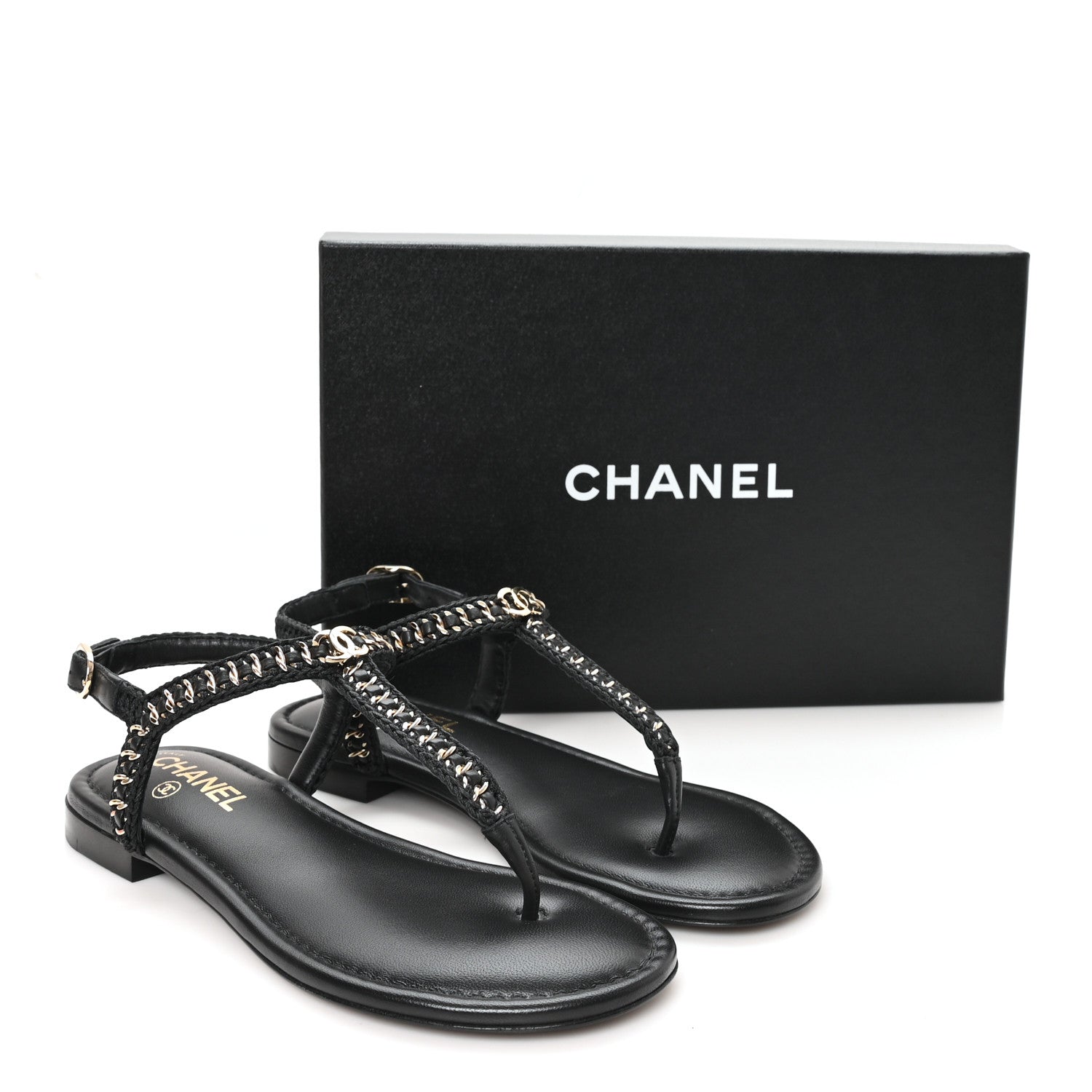 Lambskin Embroidered CC Thong Sandals 39 Black