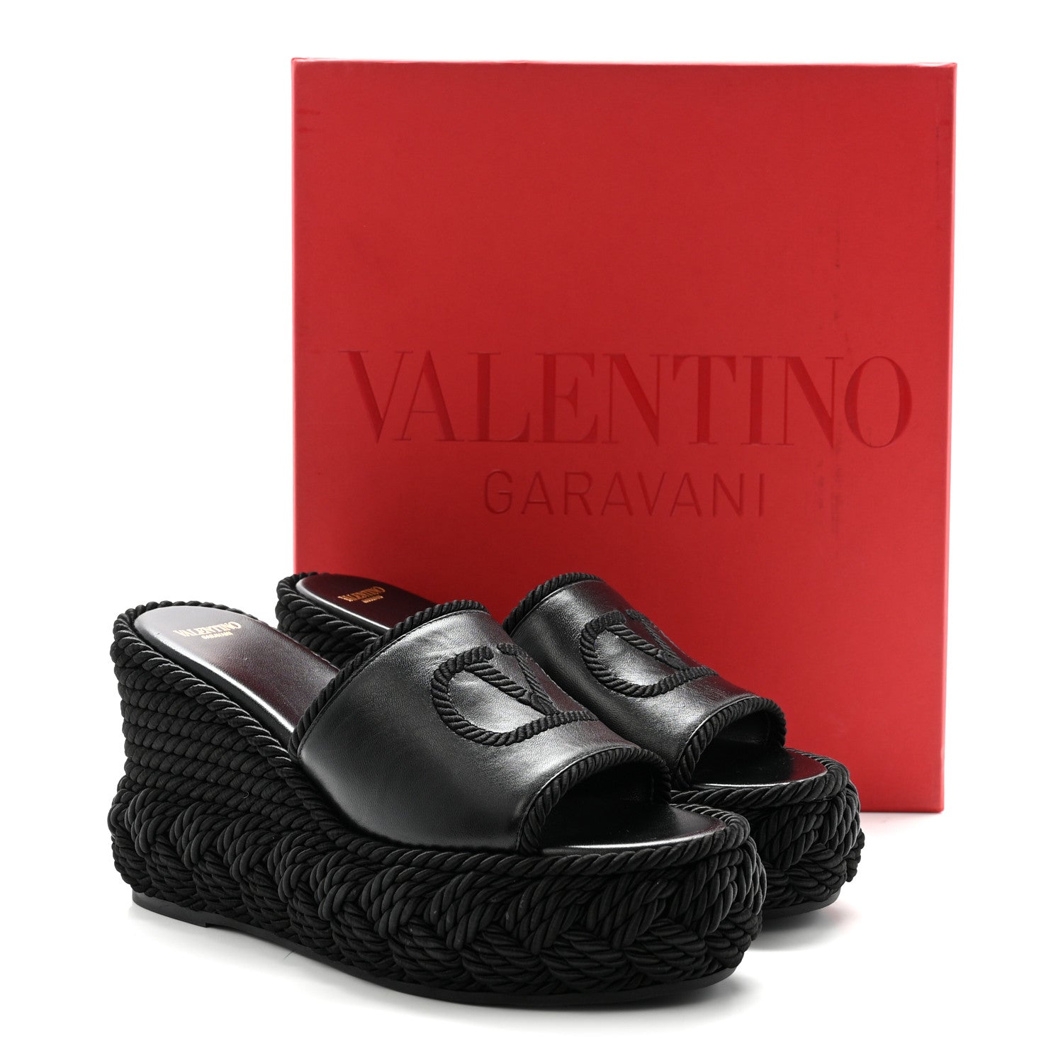 Calfskin Silk Torchon Vlogo Platform Espadrille 100 Wedge Sandals 39 Black