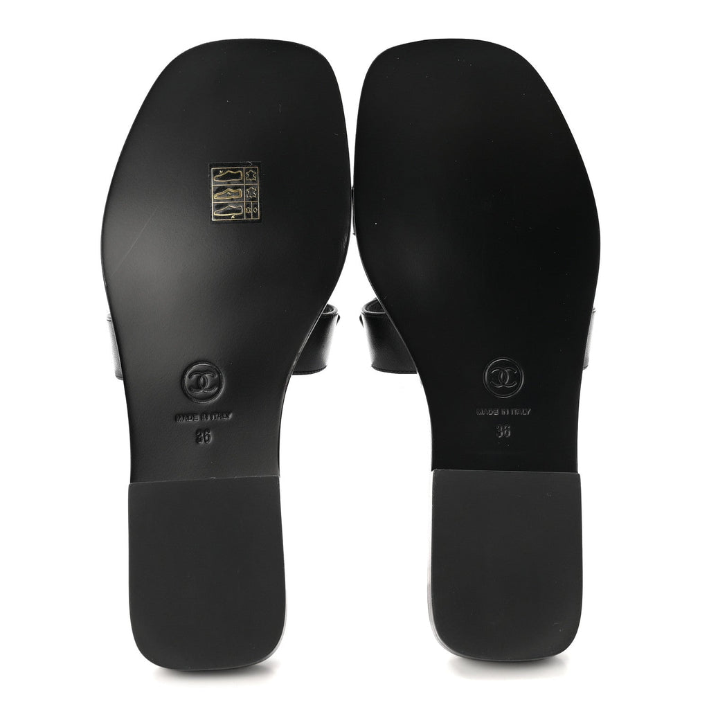 Lambskin CC Cut Out Mules Sandals 36 Black
