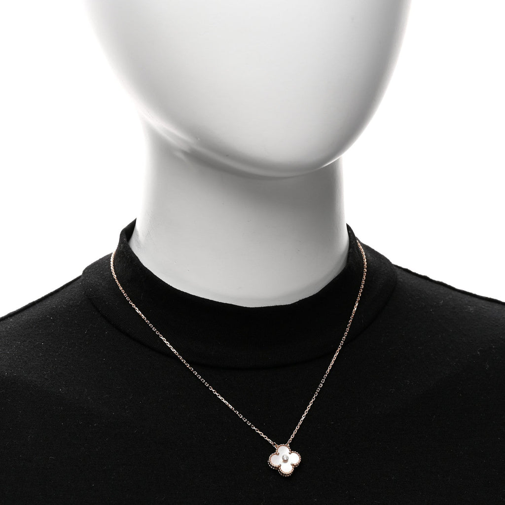 18K Rose Gold Diamond Pink Mother of Pearl Vintage Alhambra Pendant Necklace