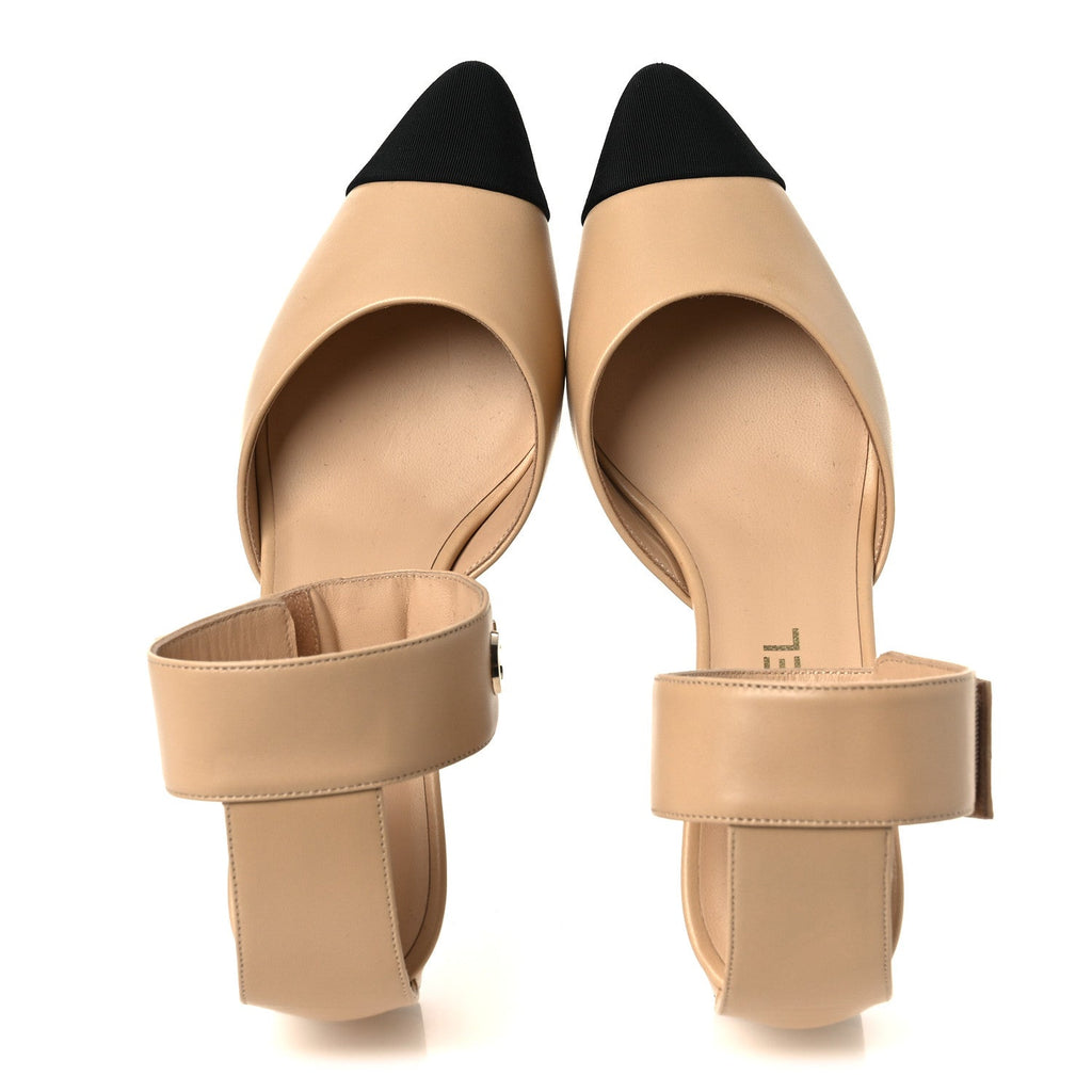 Lambskin Grosgrain Cap Toe Logo Ankle Strap Pumps 38 Beige Black