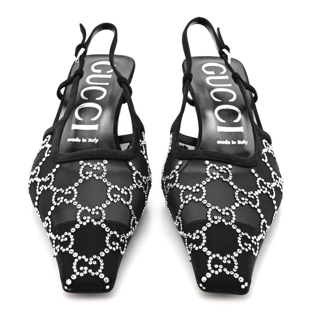 Tela Retino Kid Scamosciato Crystal GG Monogram Square G 35mm Slingback Pumps 38.5 Black