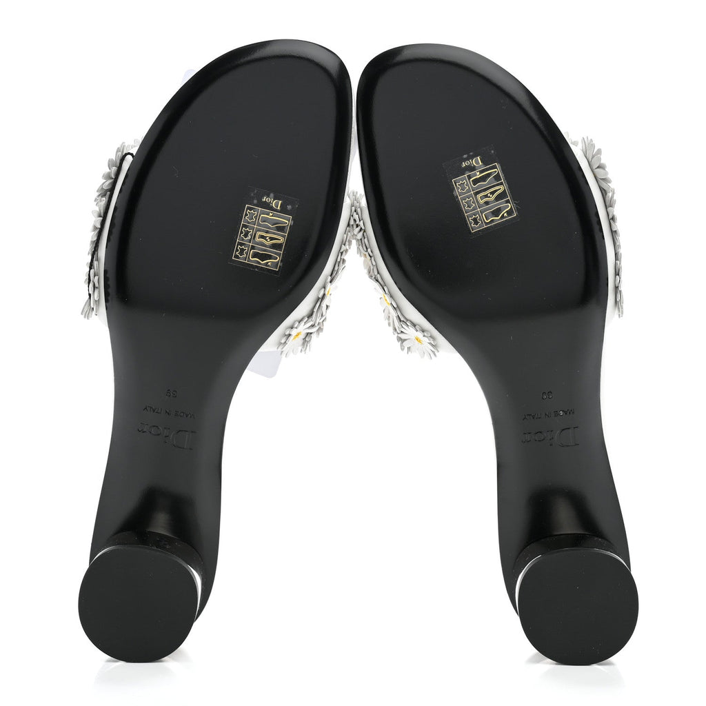 Lambskin Daisy Embroidered Dior Bloom Heeled Slide Sandals 39 White