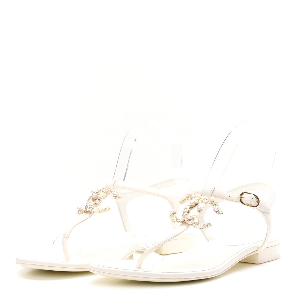 Lambskin Pearl Crystal CC Thong Sandals 39 White
