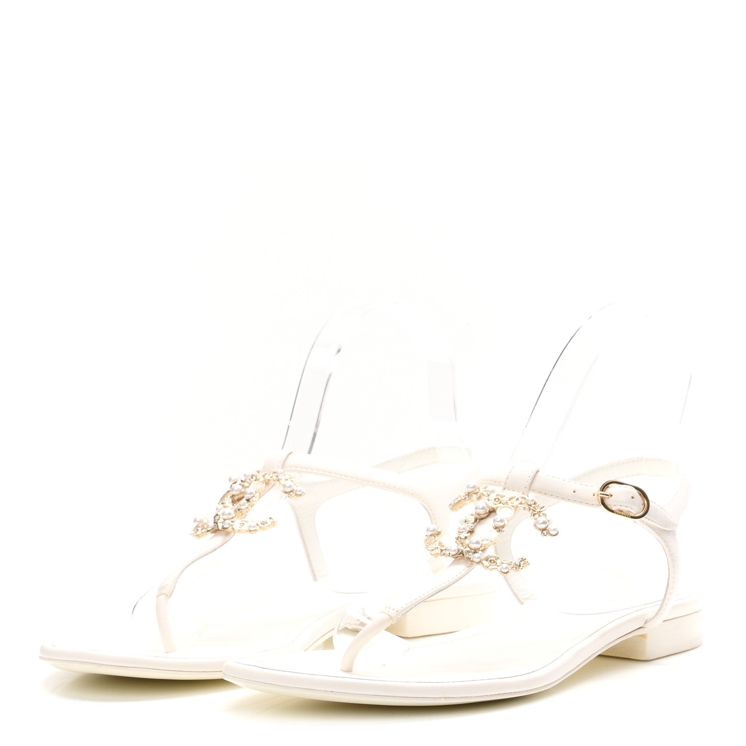 Lambskin Pearl Crystal CC Thong Sandals 39 White
