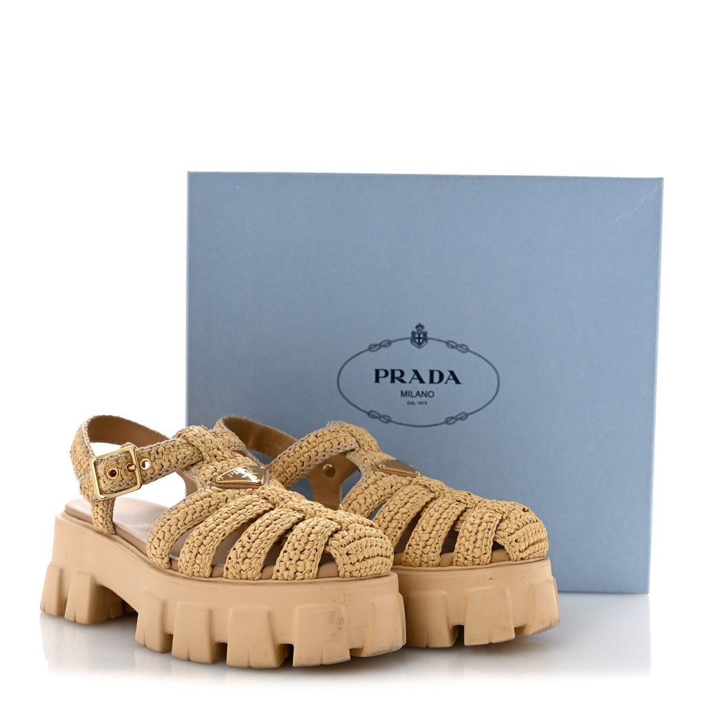 Yarn Raffia Effect Metal Triangle Logo Crochet Monolith 55mm Cage Sandals 38 Naturale
