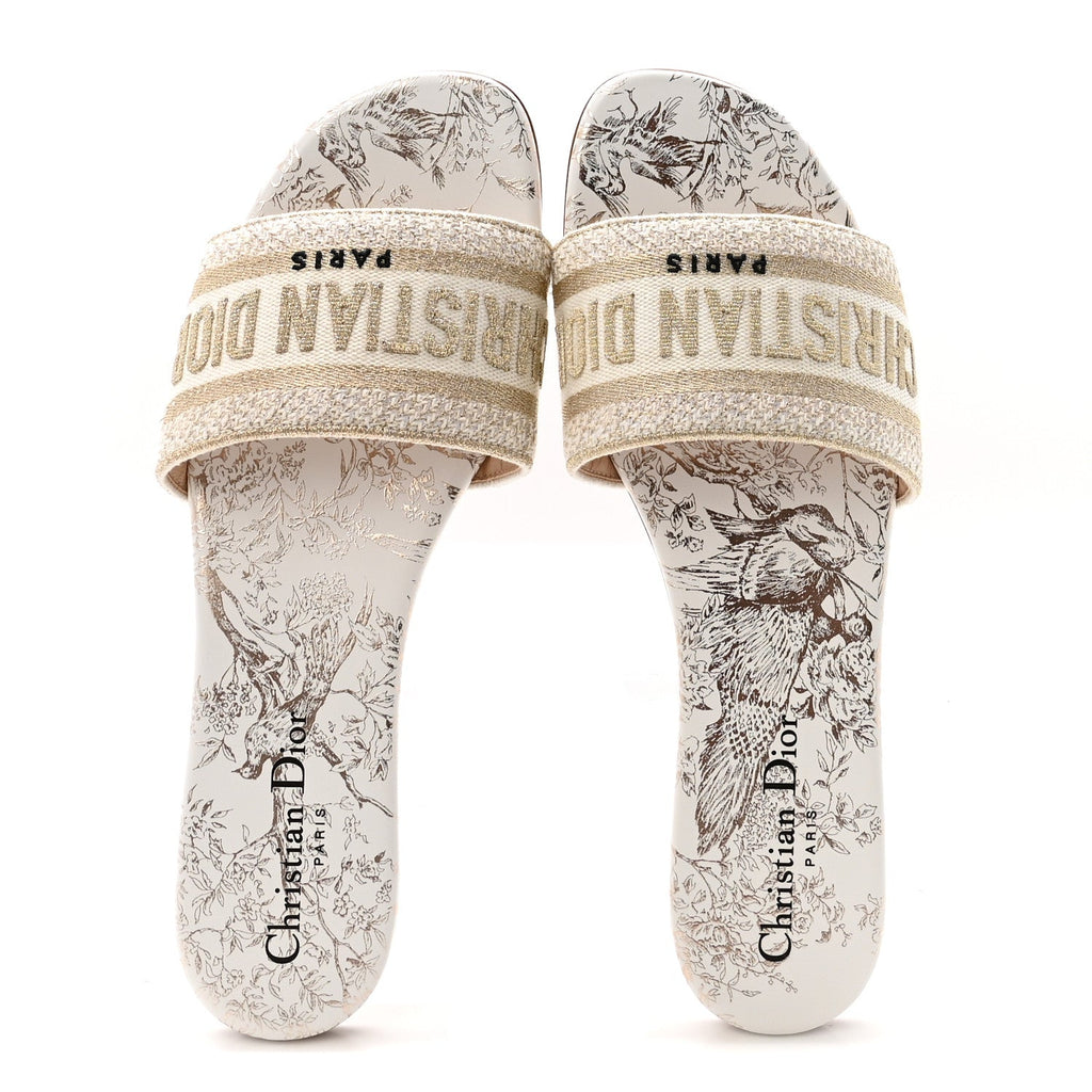Canvas Lurex Jardin d'Hiver Embroidered Dway Flat Slide Sandals 39 White Palladium