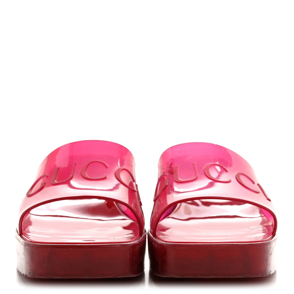 Rubber Gucci Logo Womens Platform 20/60mm Slide Sandals 38 Transparent Hibiscus Red
